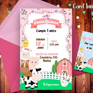 Invitación Animales de Granja Rosa